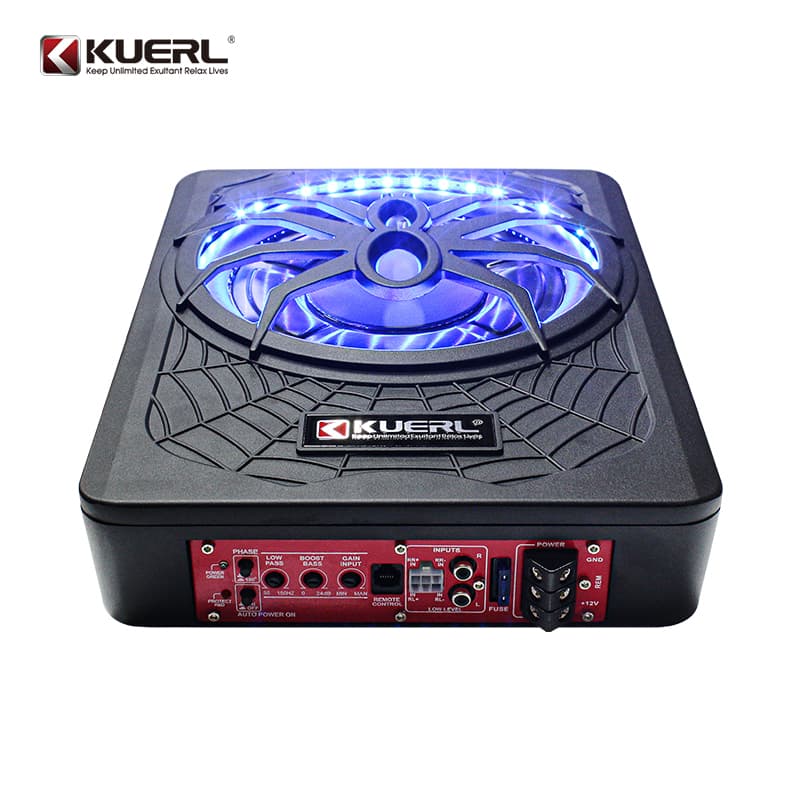 Kuerl 10" 800W Slim Under Seat Powered Car Subwoofer (Blue lights - K-ZZ10APR)